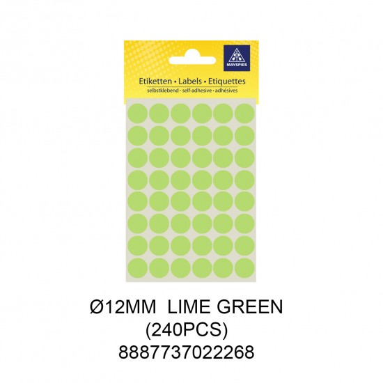 MAYSPIES MS012 COLOUR DOT LABEL / 5 SHEETS/PKT / 240PCS / ROUND 12MM LIME GREEN